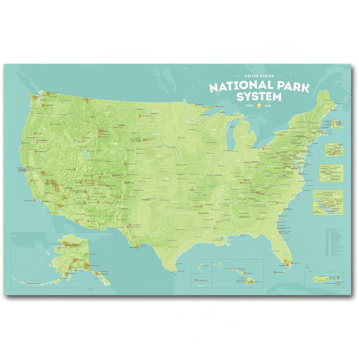 National Park System Units Map - Green & Aqua 24X36