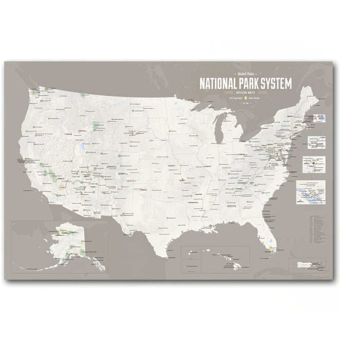 National Park System Units Map - White & Gray 24X36