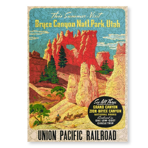 A vintage-style Union Pacific Railroad poster for Bryce Canyon National Park in Utah, featuring red rock spires, green trees, and a blue sky, with text including 'This Summer Visit Bryce Canyon Natl. Park, Utah' and 'Union Pacific Railroad'.