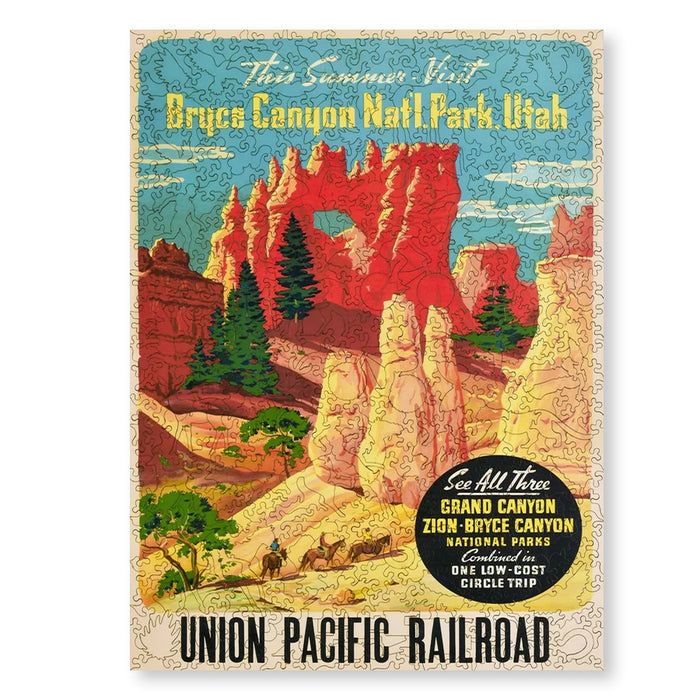 A vintage-style Union Pacific Railroad poster for Bryce Canyon National Park in Utah, featuring red rock spires, green trees, and a blue sky, with text including 'This Summer Visit Bryce Canyon Natl. Park, Utah' and 'Union Pacific Railroad'.